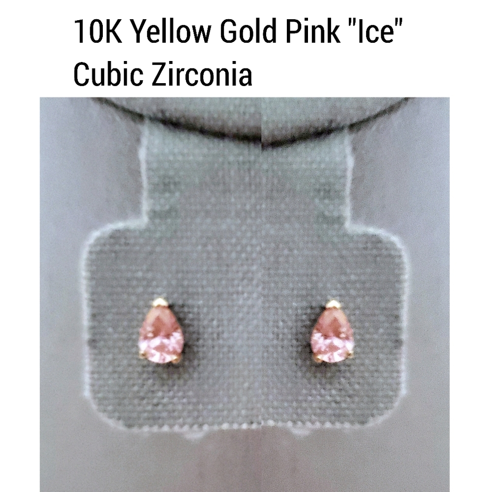 10K Solid Yellow Gold Stud Earrings Pink Ice Cubic Zirconias Vintage